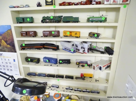 CREAM COLORED WOODEN WALL SHELF; CUSTOM BUILT FOR STORAGE IN A MODEL RAILROADING ROOM. CURRENTLY