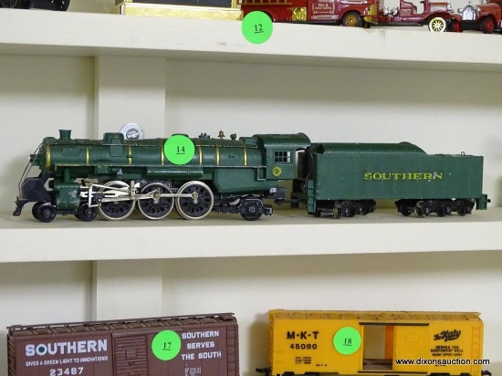 VINTAGE S.R. SOUTHERN HO SCALE MODEL TRAIN ENGINE AND CAR; DARK GREEN IN COLOR. LOCOMOTIVE MEASURES