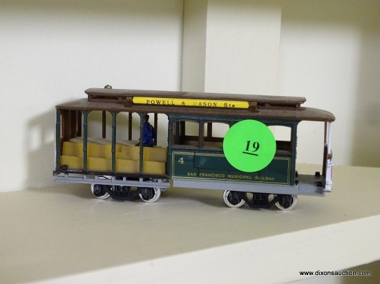 VINTAGE SAN FRANCISCO STYLE HO SCALE MODEL STREETCAR; GREEN AND GOLD WITH BROWN TOP, LETTERING