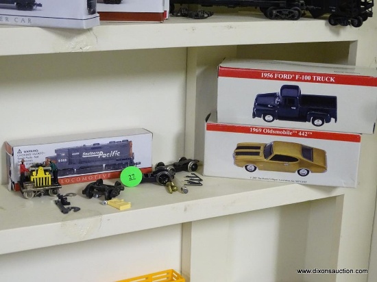 HANDCAR AND ASSORTED MODEL TRAIN PARTS; INCLUDES SMALL (1 1/4 IN LONG) MODEL RAILROADING HANDCAR