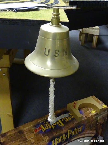 U.S.N. BRASS BELL; MOUNTED TO TRAIN TABLE (BUYER WILL NEED TO REMOVE, PLEASE BRING TOOLS). BEAUTIFUL