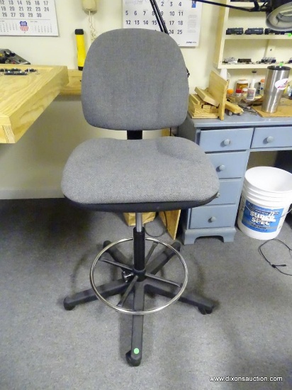 GREY UPHOLSTERED DRAFTING/OPERATOR STOOL; MADE BY GLOBAL FURNITURE COMPANY AND IN EXCELLENT