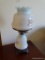 (MBR) VINTAGE WHITE GLASS TABLE LAMP; RUFFLED TOP EDGE WITH PASTEL FLORAL DESIGN ON TOP AND LOWER