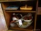 (HALL) ASSORTED LOT; INCLUDES A ELECTRIC WOODEN AND GLASS HOTPLATE, A WOODEN HANDLED DIVIDED BASKET,