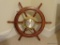 (MBR) WOODEN SHIP'S WHEEL WITH CLOCK; WALNUT SHIP'S WHEEL WITH ATTACHED ROUND BRASS QUARTZ SHIP'S