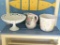 (DBED) 3 PIECE LOT; INCLUDES A FLORAL AND BUTTERFLY THEMED 9 IN DIA VASE, A FRUIT THEMED PITCHER,