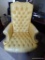 (OFF) OFFICE CHAIR; YELLOW FAUX LEATHER BUTTON TUFTED OFFICE CHAIR WITH BRASS STUDS, MAHOGANY BASE,