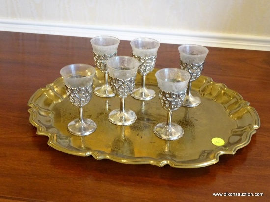 (DR) TRAY AND CORDIAL LOT; TOWLE BRASS ENGRAVED TRAY AND 6 SILVERPLATE CORDIAL HOLDERS WITH GLASS
