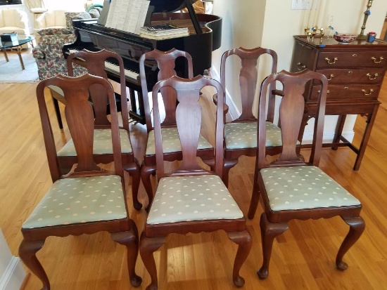 (DR) HENKEL-HENKEL HARRIS CHAIRS; 6 BLACK CHERRY HENKEL-HARRIS QUEEN ANNE CHAIRS WITH MINT GREEN