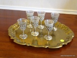 (DR) TRAY AND CORDIAL LOT; TOWLE BRASS ENGRAVED TRAY AND 6 SILVERPLATE CORDIAL HOLDERS WITH GLASS