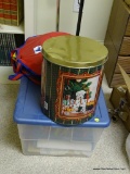 (GAME) CHILDREN'S ITEMS; LOT OF CRAYONS, COLORING SUPPLIES AND PAPER, TIN OF VINTAGE WOODEN BUILDING