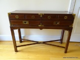 (HALL) ORIENTAL CAMPAIGN SERVER; MAHOGANY ORIENTAL STYLE CAMPAIGN SERVER WITH 2 DRAWERS, BRASS