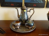 (HALL) SILVER PLATE TEA SET; INTERNATIONAL SILVER CO. TEA SERVING SET. INCLUDES A FOOTED TEAPOT, A