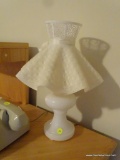 (MBR) LAMP; VINTAGE MILK GLASS LAMP WITH PLASTIC RUFFLED SHADE- 16 IN H