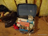 (ATT2) VINTAGE AMERICAN TOURISTER LIGHT BLUE TRAVEL SUITCASE AND CONTENTS; INCLUDES SMALL WHITE DESK