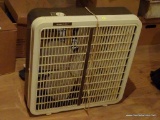 (ATT2) VTG EVENFLOW BOX FAN; TAN AND BROWN IN COLOR, MEASURES 22 SQ IN. 3 SPEED SETTINGS.