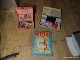 (ATT2) VINTAGE CHILDRENS ITEMS LOT; INCLUDES SMALL JEWELRY BOX AND CONTENTS, WHITMAN'S SAMPLER BOX