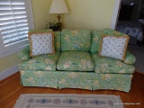 (LR) 3 CUSHION SOFA; MADE BY HICKORY CHAIR COMPANY, IS A 3 CUSHION GREEN COLORED GRAPE PATTERN SOFA.
