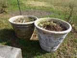 (OUT) PAIR OF PLANTERS; PAIR OF GRAY COLORED GRAPE PATTERN PLANTERS. EACH MEASURES 18 IN X 14 IN