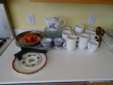 (KIT) ASSORTED LOT; INCLUDES ITEMS SUCH AS STACKABLE SOUP MUGS, A FLORAL PATTERN TEA POT, BLUE AND