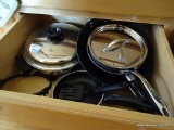 (KIT) DRAWER LOT; INCLUDES ASSORTED PANS (SOME WITH LIDS), A WOK, A SPATULA, ETC.