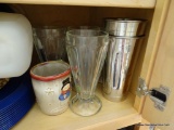 (KIT) SHELF LOT; INCLUDES ICE CREAM GLASSES, MILKSHAKE MAKING CUPS, A WOODEN NUT DISH WITH