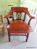 (DBED) OFFICE CHAIR; HICKORY CHAIR MAHOGANY OFFICE ARM CHAIR WITH FAUX LEATHER UPHOLSTERY WITH BRASS