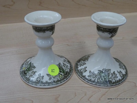 JOHNSON BROS. FRIENDLY VILLAGE CANDLESTICK HOLDERS; SET OF TWO 4 IN TALL CANDLESTICK HOLDERS FROM