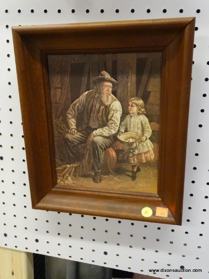 PRINT ON BOARD; VINTAGE FRAMED PRINT ON BOARD OF A YOUNG GIRL COLLECTING EGGS WITH HER GRANDFATHER.