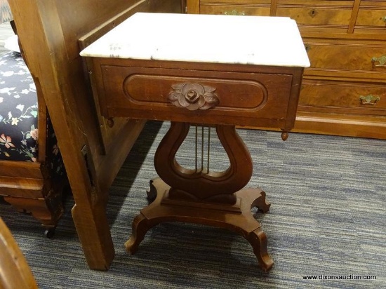 VICTORIAN MARBLE TOP AND MAHOGANY SIDE TABLE; HAS A BEVELED MARBLE TOP, A SINGLE DRAWER WITH A ROSE