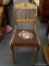 ROSE CARVED NEEDLEPOINT SIDE CHAIR; VINTAGE WOODEN SIDE CHAIR WITH ROSE CARVED TOP RAIL, AND
