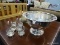SILVER PLATED PEDESTAL PUNCH BOWL WITH GLASS LINER, LADLE, AND CUPS;