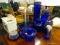 8 PIECE COBALT BLUE LOT; INCLUDES A PYREX CASSEROLE DISH, A MEASURING CUP WITH JUICER, A CHEESE