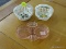 3 PIECE LOT; INCLUDES 2 HAND PAINTED MADE IN ITALY PORCELAIN BASKETS AND A PINK DEPRESSION CIGARETTE