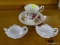 6 PIECE LOT; INCLUDES A ROYAL DOVER BONE CHINA CUP AND SAUCER AND 4 TEA POT SHAPED SALT CELLARS.