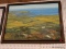 FRAMED OIL ON CANVAS; DEPICTS AN AERIAL VIEW OF A FARM SCENE THAT STRETCHES OUT TO THE OCEAN. IN A