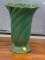 MCCOY USA POTTERY VASE; TEAL BLUE-GREEN IN COLOR WITH SCALLOPED FLARED EDGE, TWIST FLUTED SIDE