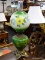 VINTAGE GREEN PAINTED ROUND GLASS LAMP WITH FOOTED BASE; ROUND GREEN AND WHITE GLASS GLOBE WITH