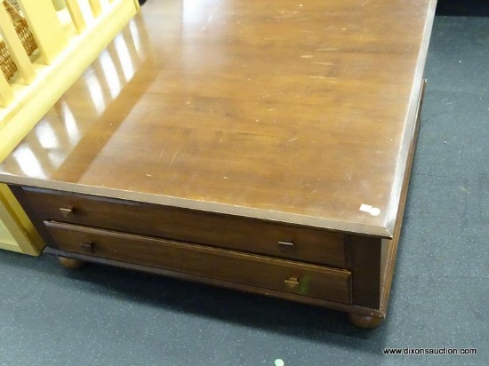 ETHAN ALLEN COFFEE TABLE; PERFECT LIVING ROOM CENTERPIECE. WITH STACKED DOUBLE DRAWERS ON EACH SIDE,