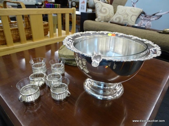 SILVER PLATED PEDESTAL PUNCH BOWL WITH GLASS LINER, LADLE, AND CUPS;