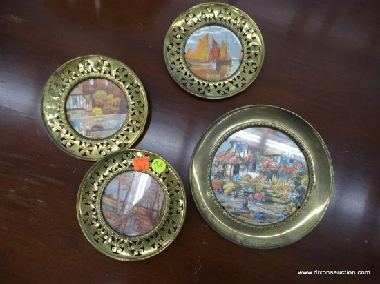 VINTAGE BRASS ROUND WALL PLATES; TOTAL OF 4 PIECES IN THIS LOT. 3 ARE SMALL WITH PIERCED EDGES, ONE