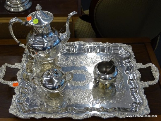 SILVER PLATED TEA SERVICE; 5 PIECE SET TO INCLUDE A LARGE DOUBLE HANDLED TRAY AS WELL AS FOOTED