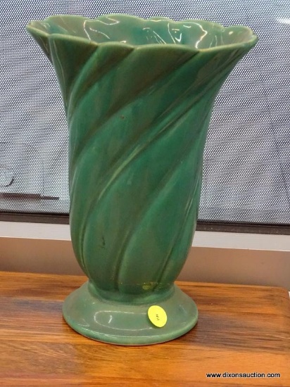 MCCOY USA POTTERY VASE; TEAL BLUE-GREEN IN COLOR WITH SCALLOPED FLARED EDGE, TWIST FLUTED SIDE