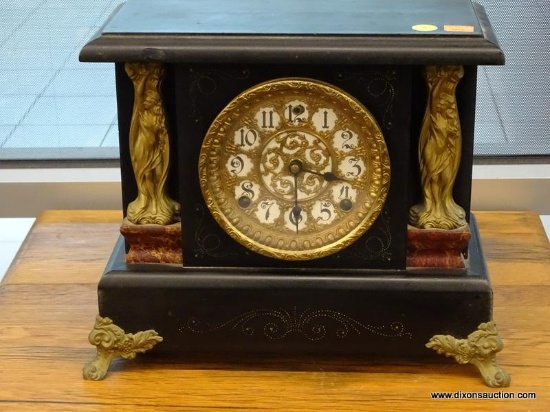 ANTIQUE SESSIONS CLOCK COMPANY MANTEL CLOCK; BLACK IN COLOR WITH FLAT TOP, BRASS OVERLAY ROUND CLOCK