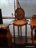 VICTORIAN WASH BASIN AND WOODEN STAND; AN ANTIQUE STYLE REPRODUCTION WASH STAND. THE VICTORIAN-STYLE