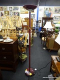 TORCHIERE FLOOR LAMP; MAROON TORCHIERE FLOOR LAMP WITH GOLD TONE DETAILING AROUND THE BODY AND BASE.