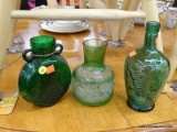 LOT OF ASSORTED GREEN GLASS; 3 PIECE LOT CONTAINING AN EMERALD GREEN CRACKLE VASE WITH TWO HANDLES,