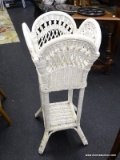 WICKER PLANT STAND; WHITE WICKER PLANT STAND WITH SCALLOPED TOP AND BASKET WEAVE SIDES. THIS PLANT