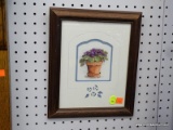 FLORAL PRINT; DEPICTS A FLOWER POT WITH PURPLE FLOWERS AND LARGE GREEN LEAVES. SIGNED BY THE ARTIST