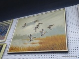 FRAMED OIL ON CANVAS; THIS LARGE OIL ON CANVAS SHOWS 7 MALLARD DUCKS FLYING OUT OF A POND. IT IS